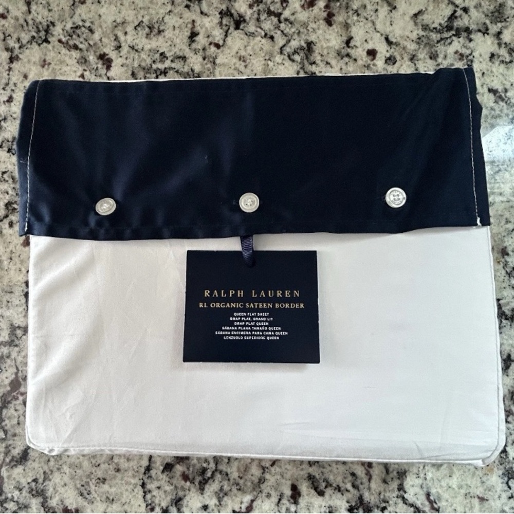 Ralph Lauren Organic Sateen Border Queen Flat Sheet Navy Blue - NWT $185